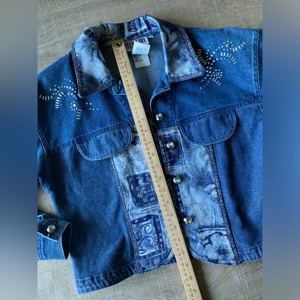 ▶️ Vintage Cropped Denim Jacket Womens 4 Embroidered Studded Western 90s - Picture 12 of 15
